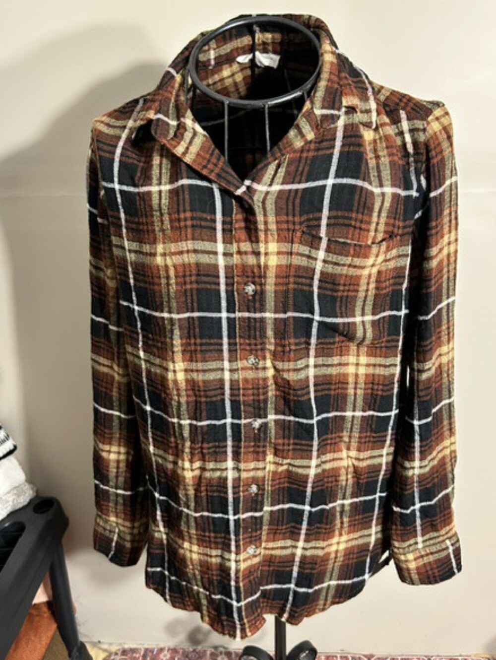 size small womens plaid flannel shirt brown tan button up soft fall gorpcore